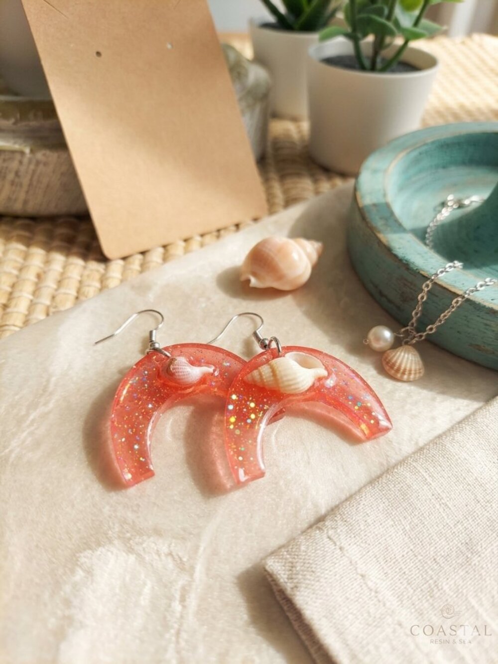 Handmade Crescent Moon Shell Earrings | Pink Sparkle Resin | Coastal Beach Jewel - Picture 2 of 8
